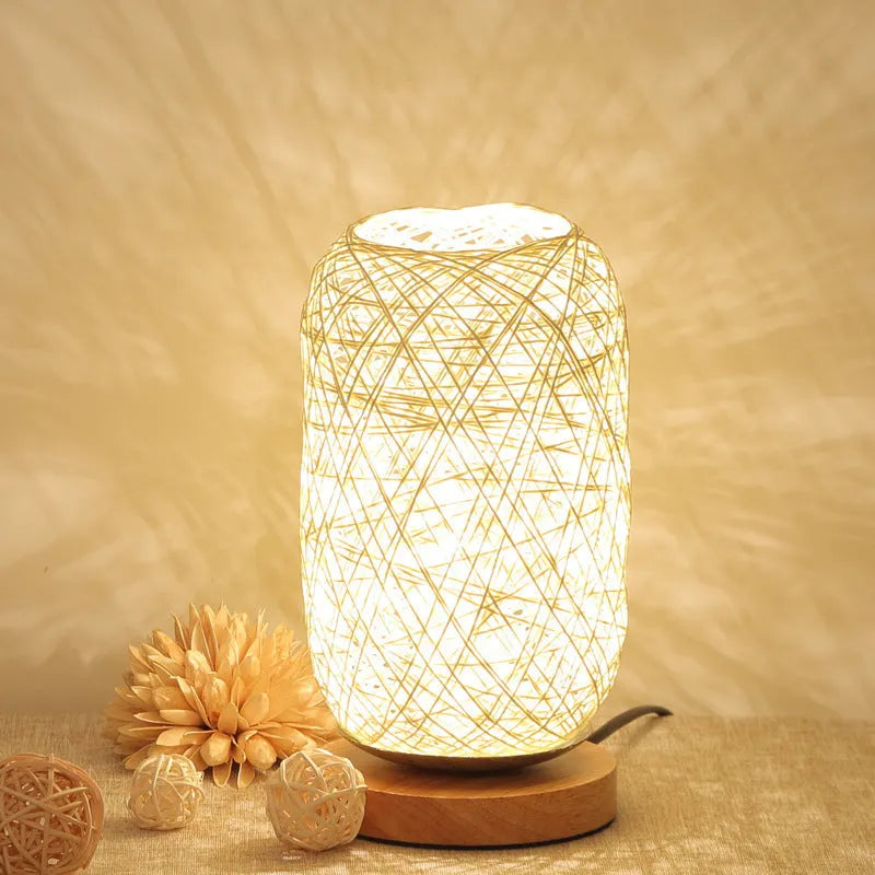 Natural hemp rope Sepak Takraw desk lamp with solid wood base and USB-powered LED light