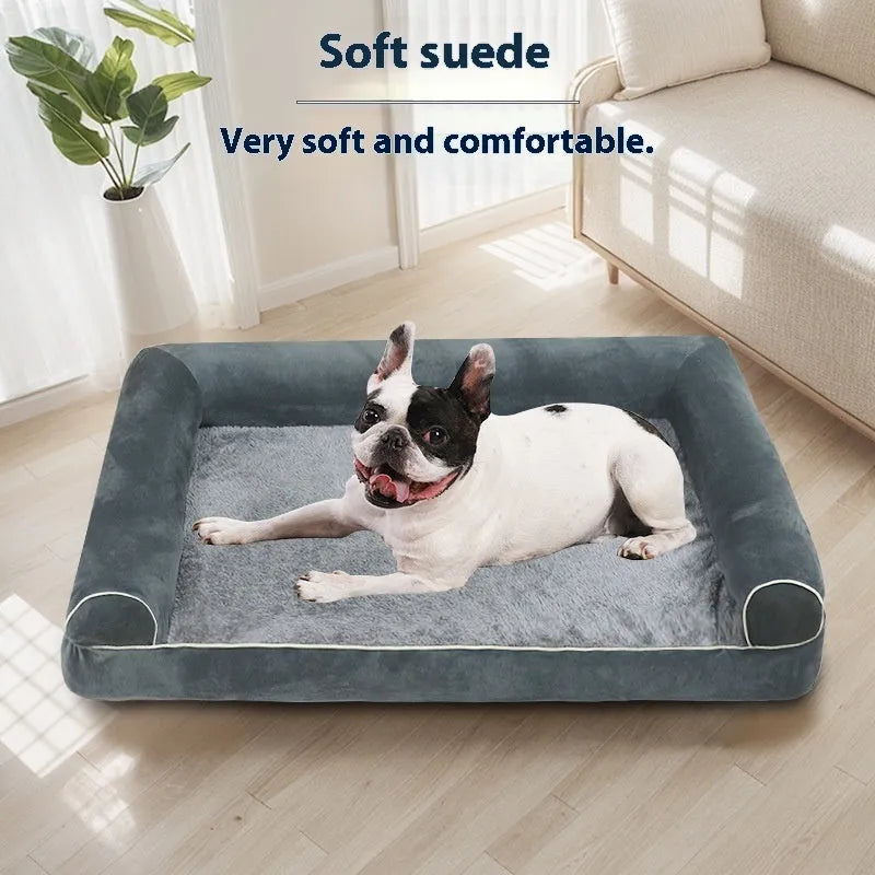 Square sponge dog bed with removable cloth cover in blue, shown next to a dark gray version.