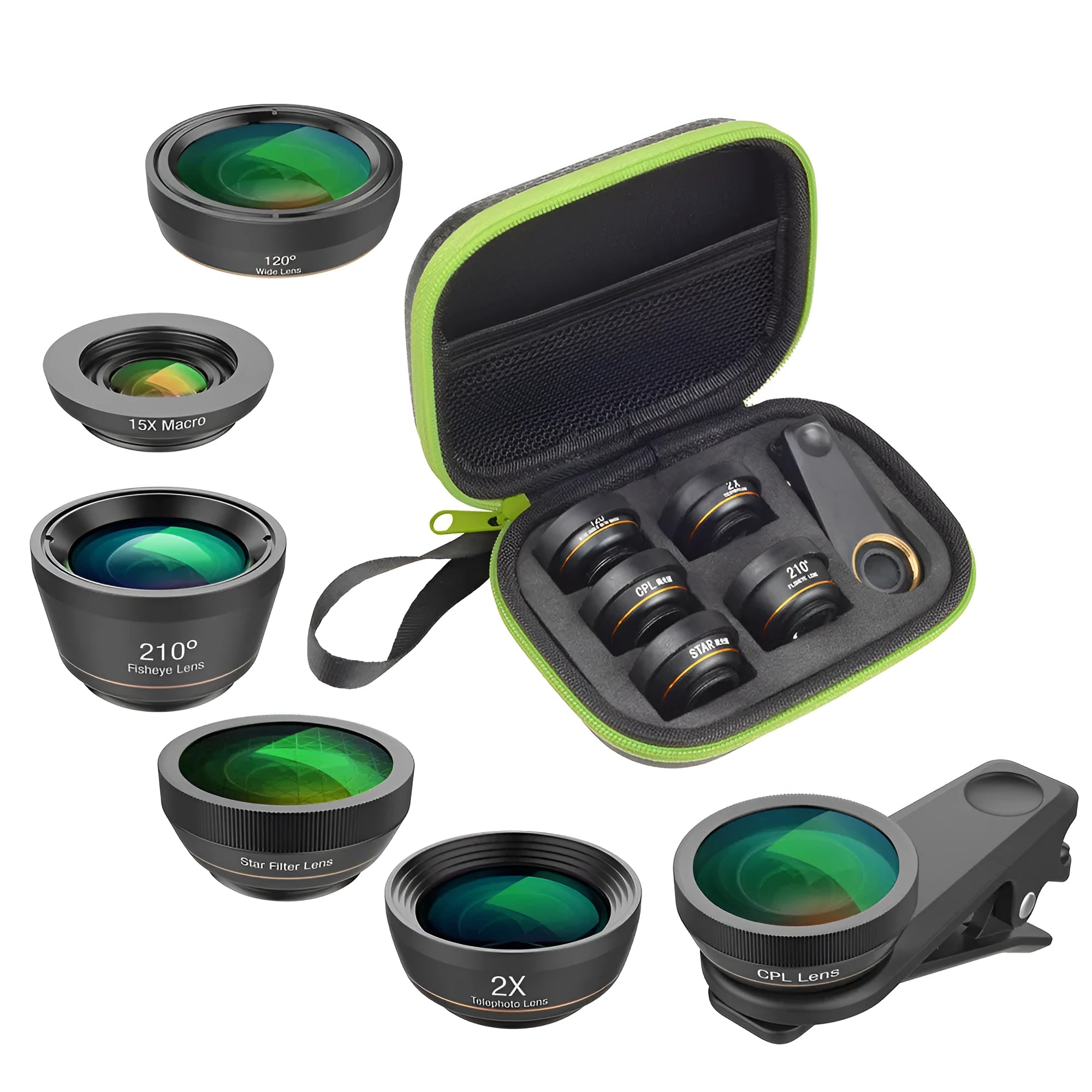Black 6 in 1 smartphone camera lens kit with fisheye, macro, wide angle, telephoto, CPL and star filter lenses on a universal clip.