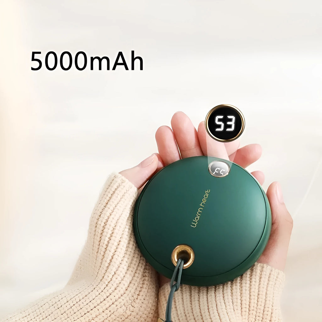 Green hand warmer power bank with digital display showing battery percentage, dimensions 89.5mm