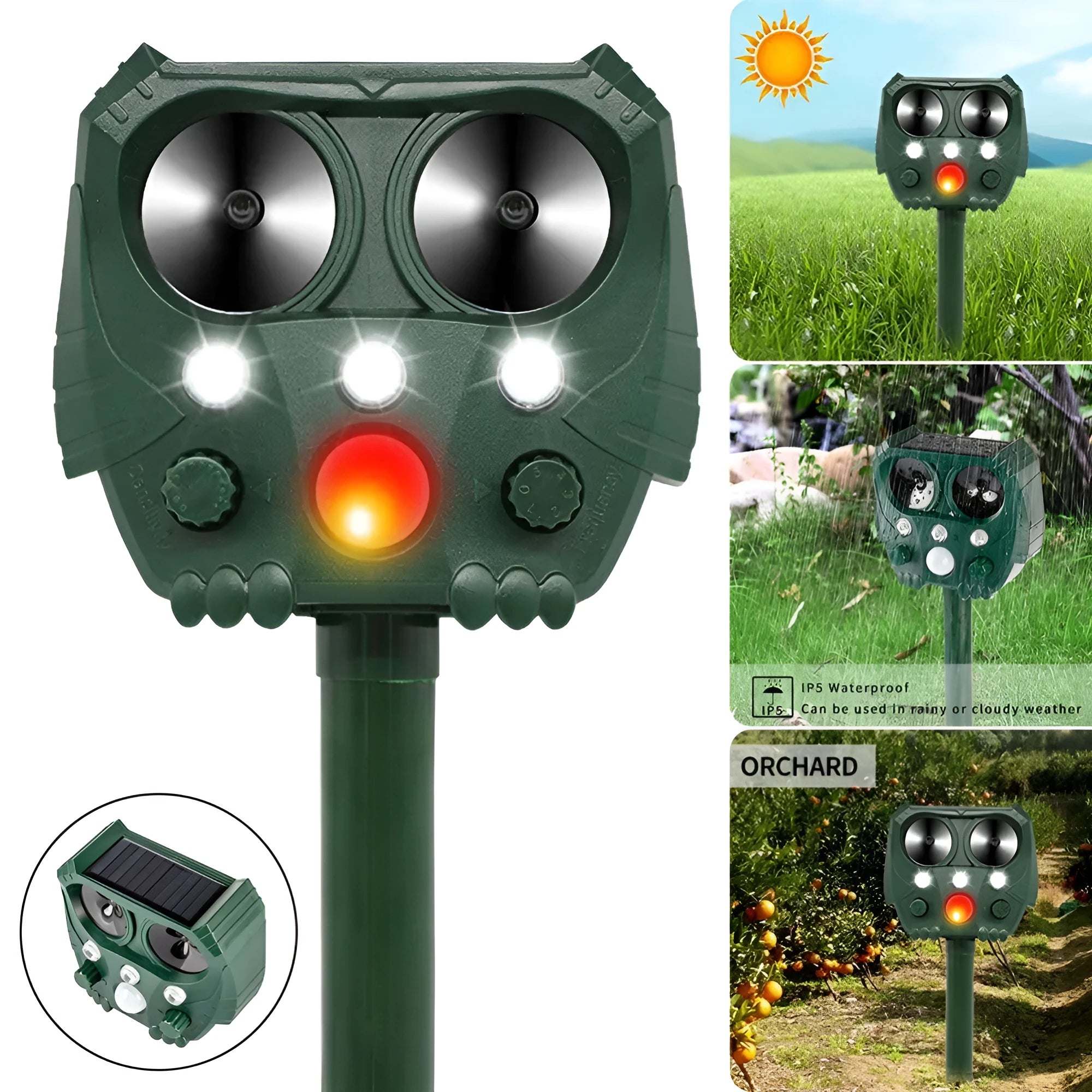 Green solar ultrasonic dog repeller device with ABS housing for outdoor pest control