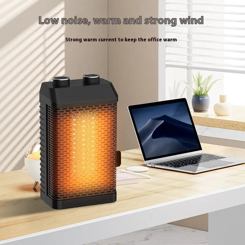 Black smart desktop electric heater with remote control on a wooden desk