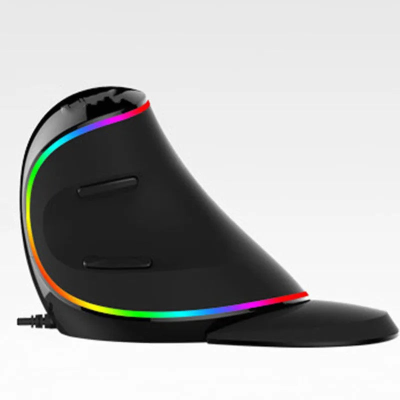 White vertical ergonomic computer mouse with RGB lighting, shown on a desk.
