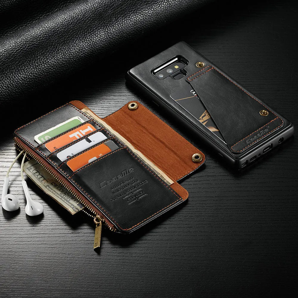 Black PU leather flip phone case for Samsung Galaxy Note9 shown open and closed.