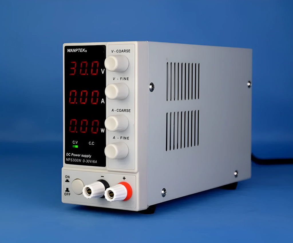 White adjustable DC bench power supply unit with control knobs and display, model NPS605W