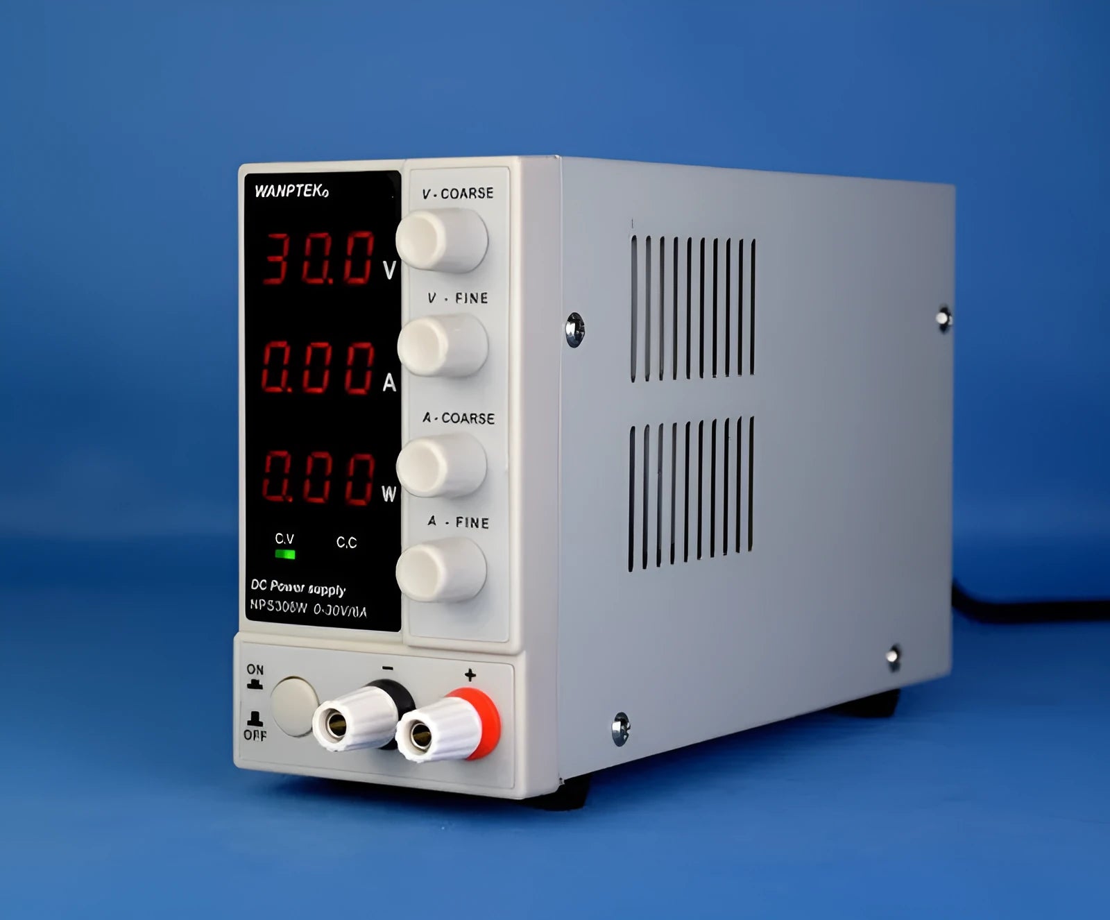 White adjustable DC bench power supply unit with control knobs and display, model NPS605W
