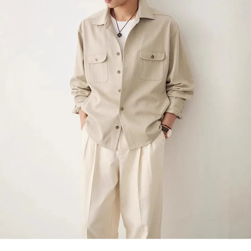 Men's light sand rice coloured casual shirt with long sleeves and a simple lapel design.
