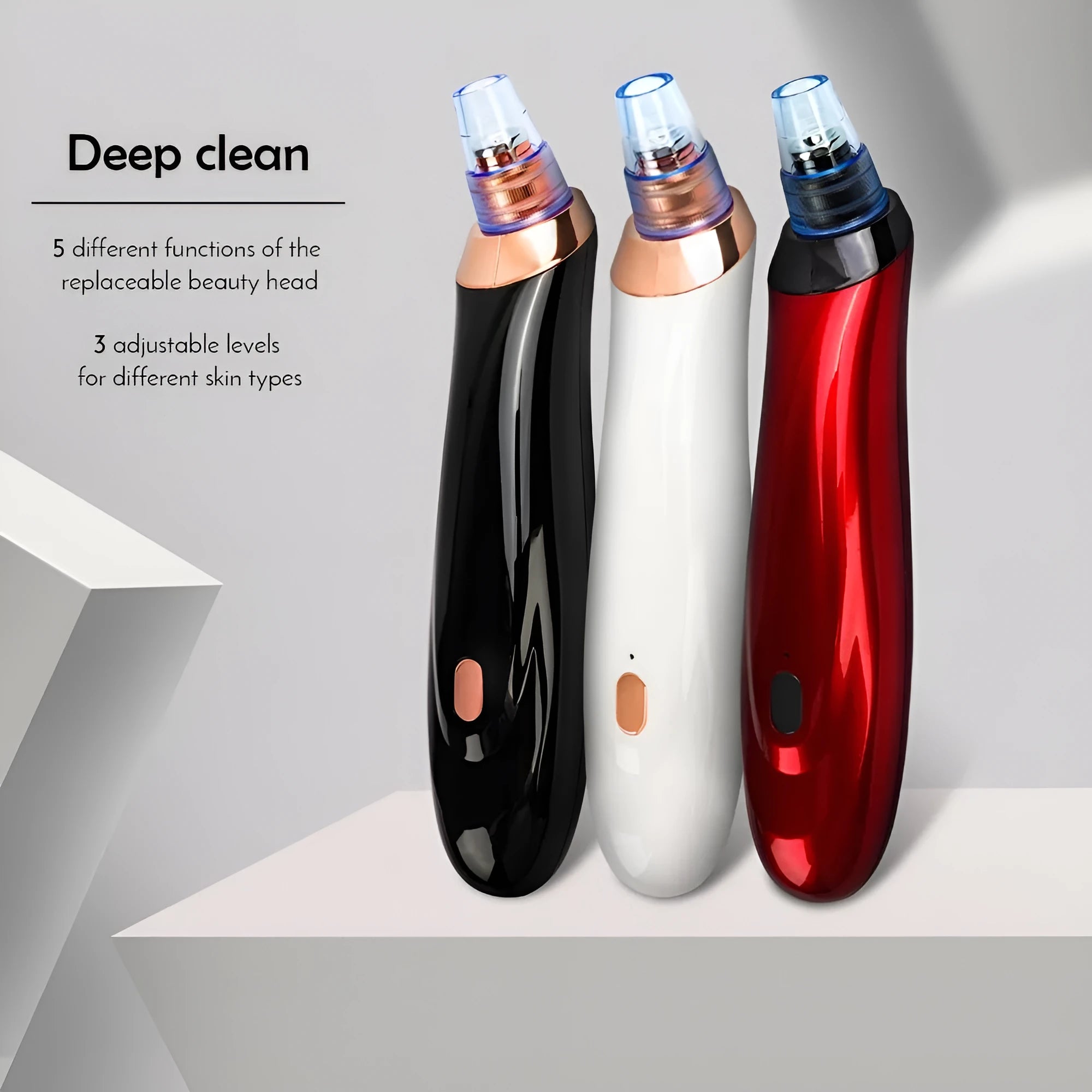 Electric blackhead remover tool with multiple nozzle attachments in black colour option