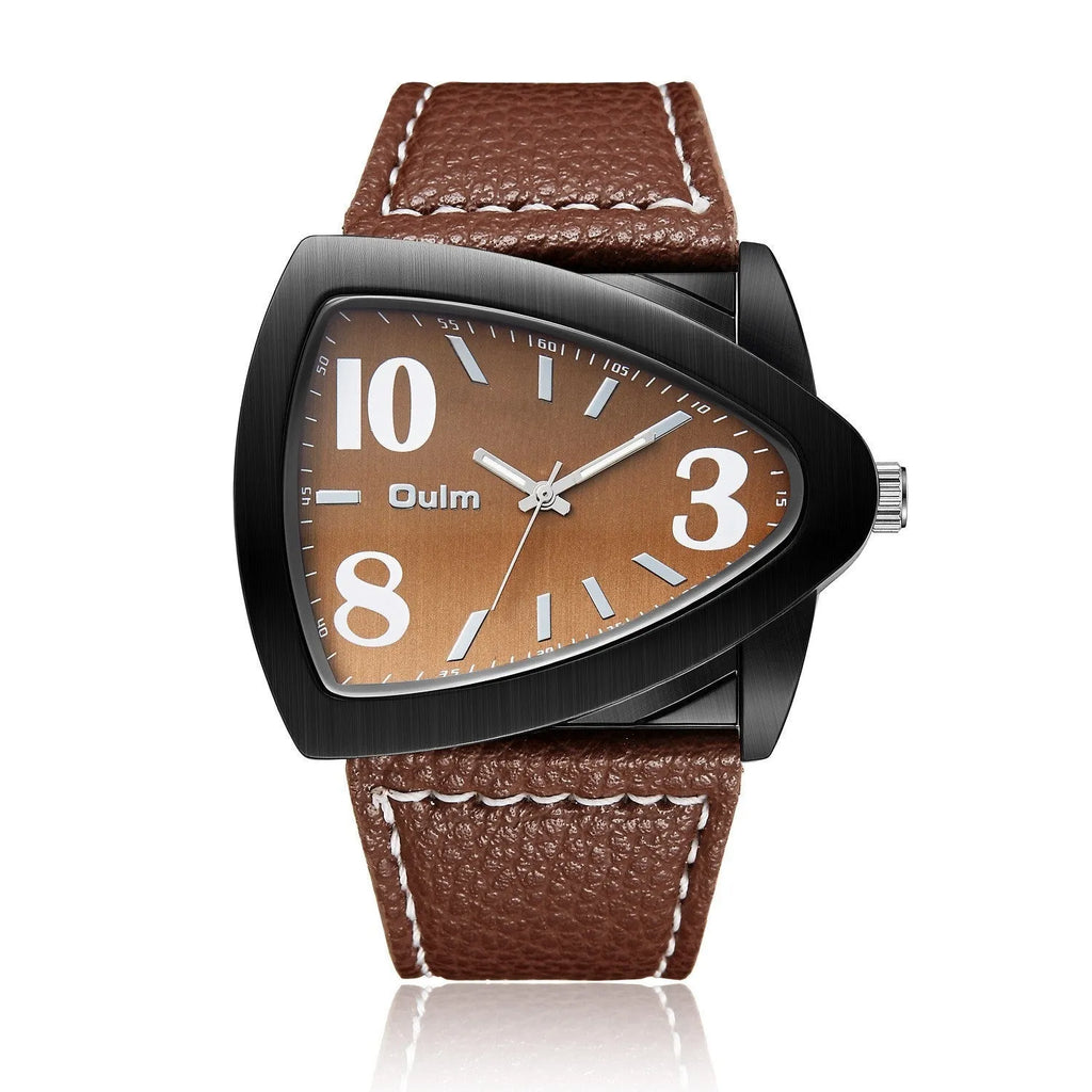 Men's casual triangle belt quartz watch showing the distinct strap design and 9mm profile.