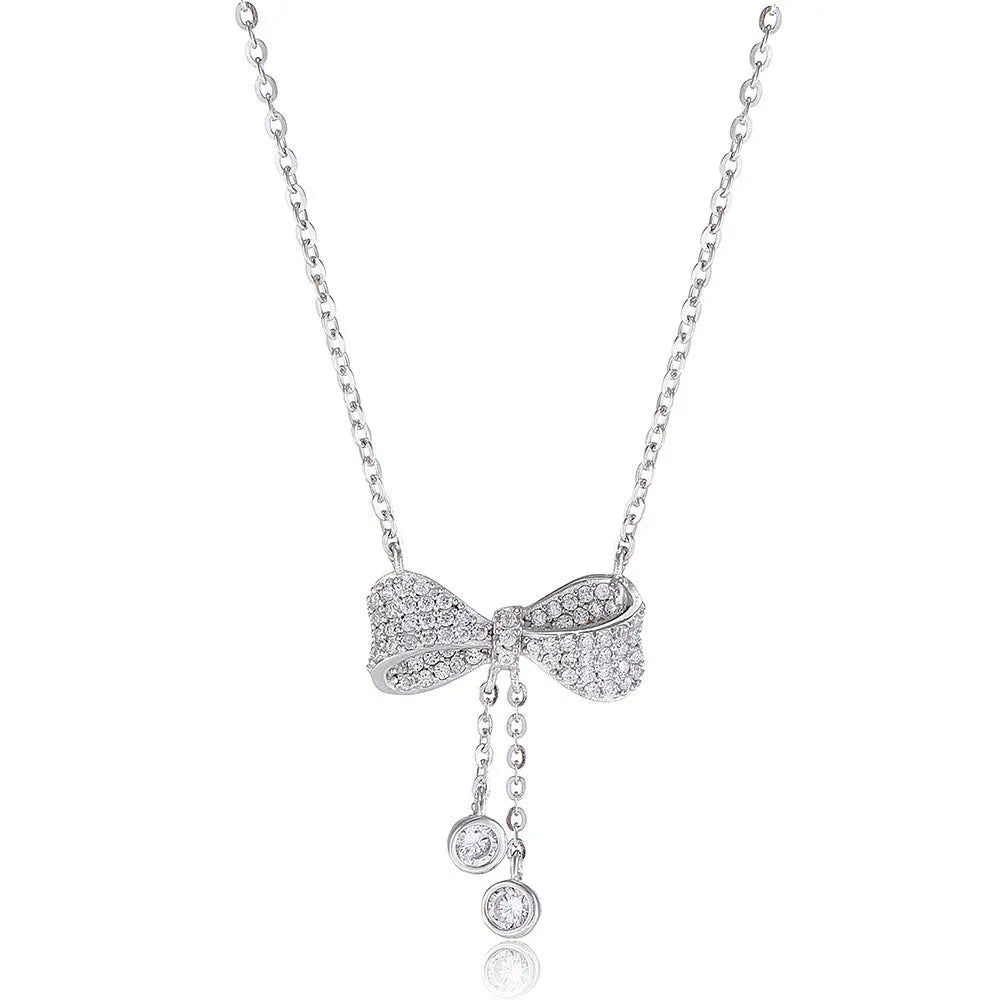 S925 sterling silver bow necklace with adjustable 40-45cm O-ring chain