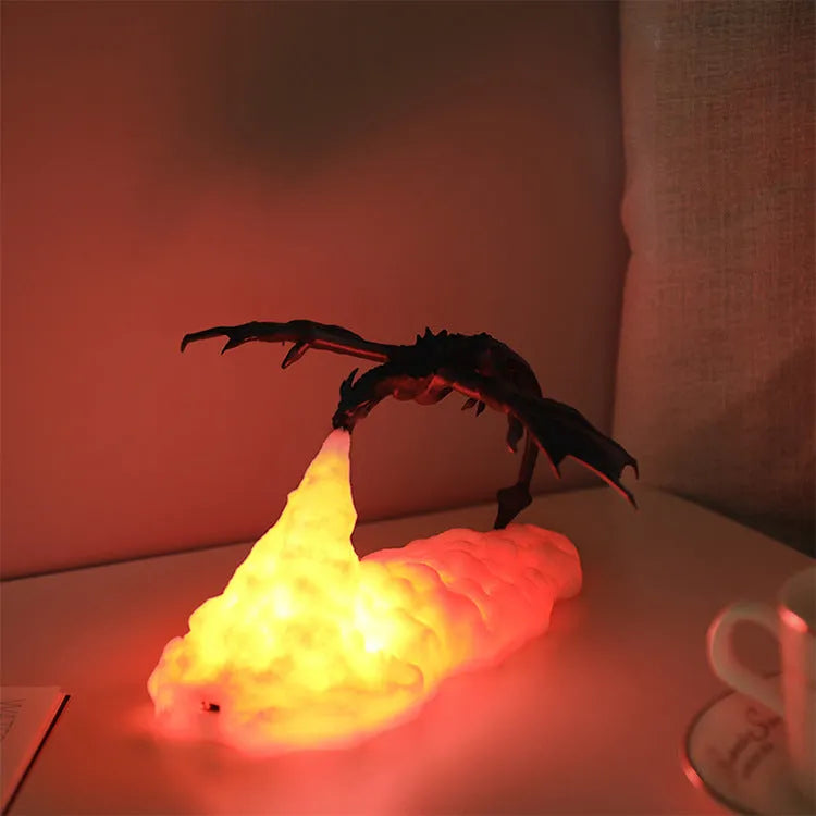 3D printed fire-breathing dragon night light with warm red breathing illumination effect