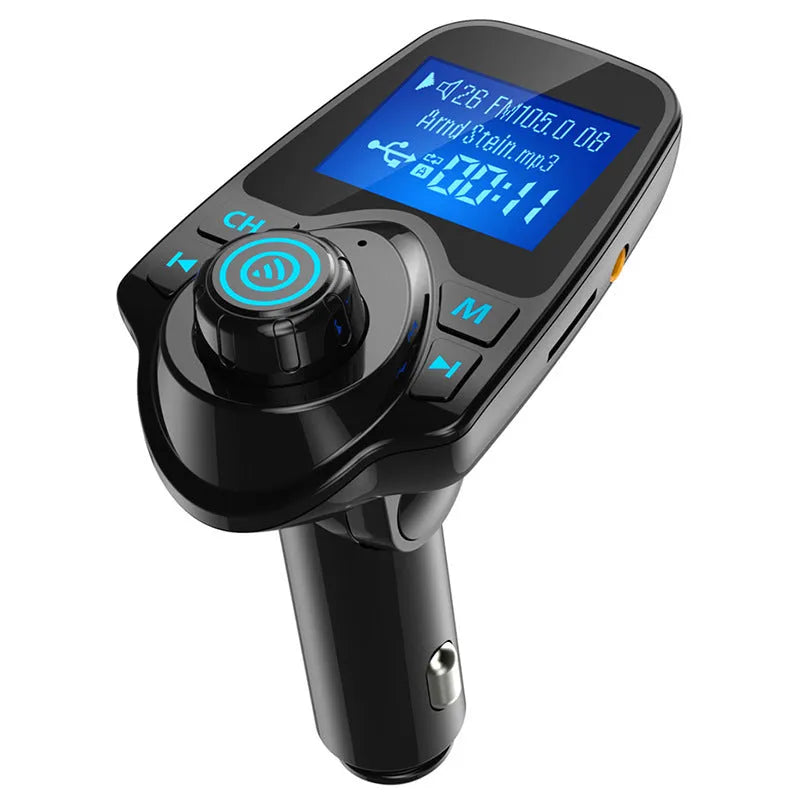 Black car Bluetooth FM transmitter with USB port and memory card slot for hands-free calling and music playback