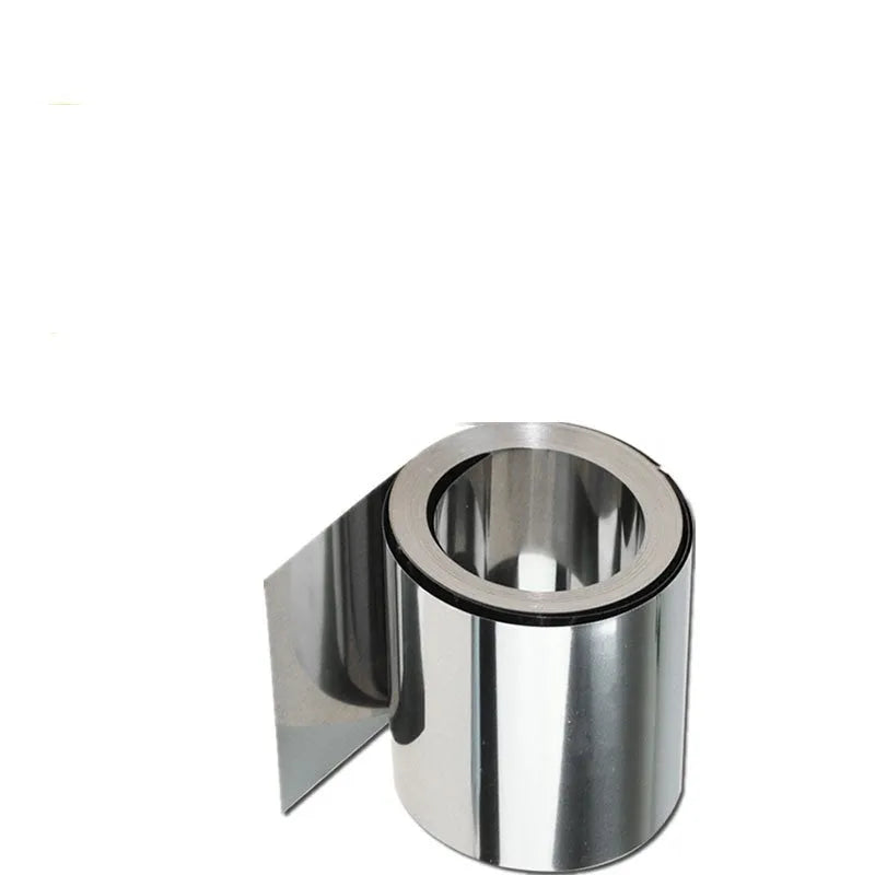 Roll of thin 304 stainless steel sheet strip with a leather backing on one side.