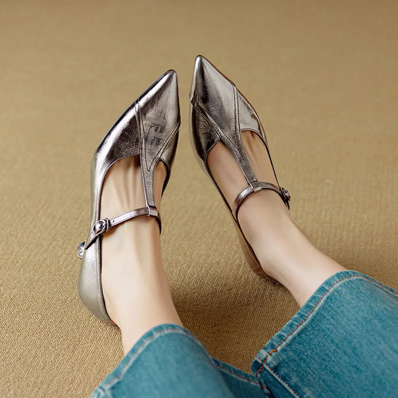 Women's gun colour Mary Jane pumps with a chunky heel and genuine leather upper