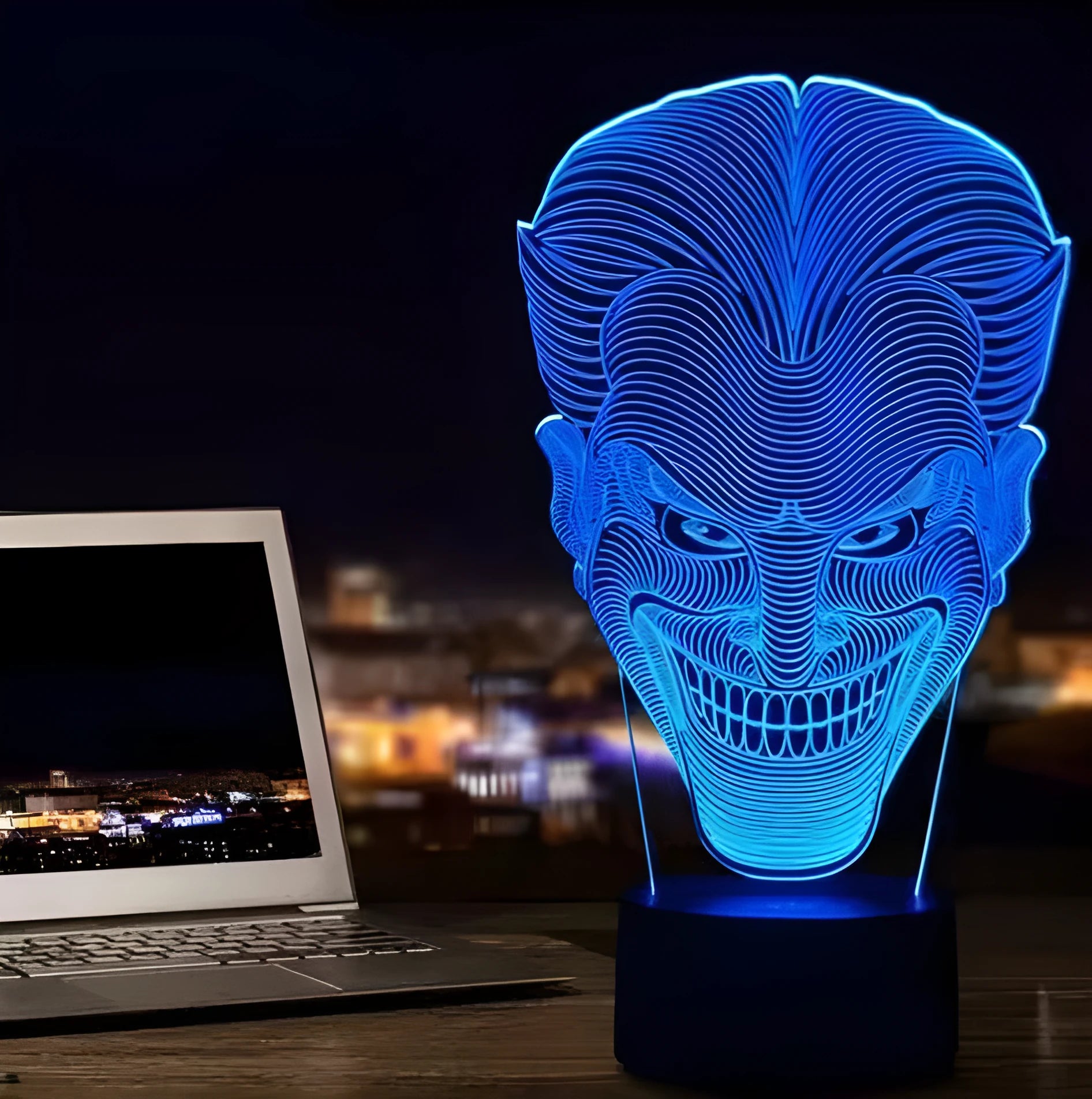 3D LED lamp showing seven colour options with acrylic plate construction and remote control