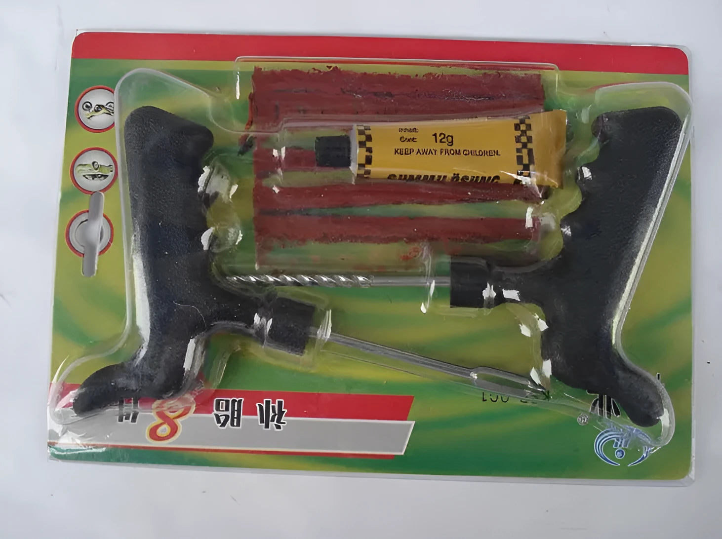 Vacuum tyre repair tool kit with black and yellow components for car and motorcycle puncture repairs