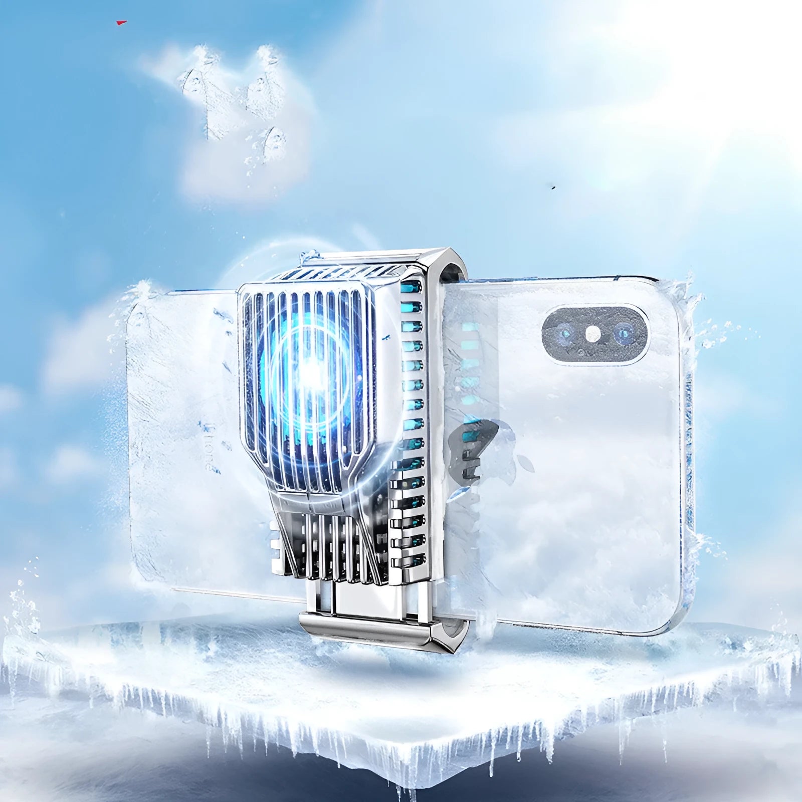 Black mobile phone cooling fan radiator clipped to a smartphone, with USB cable.