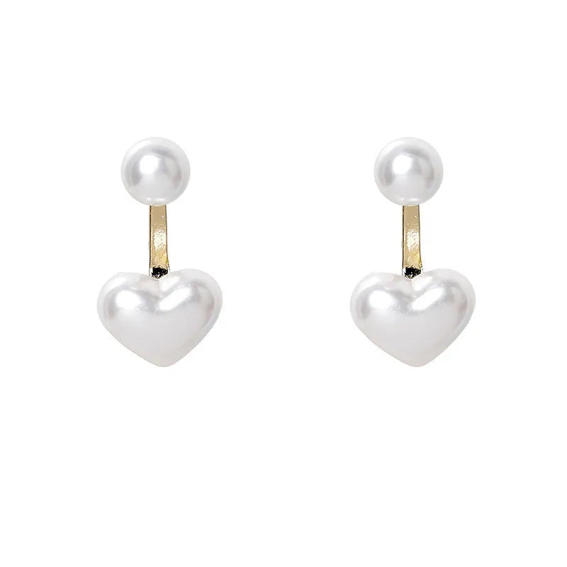 Korean style heart-shaped women's stud earrings with pearl design and alloy construction