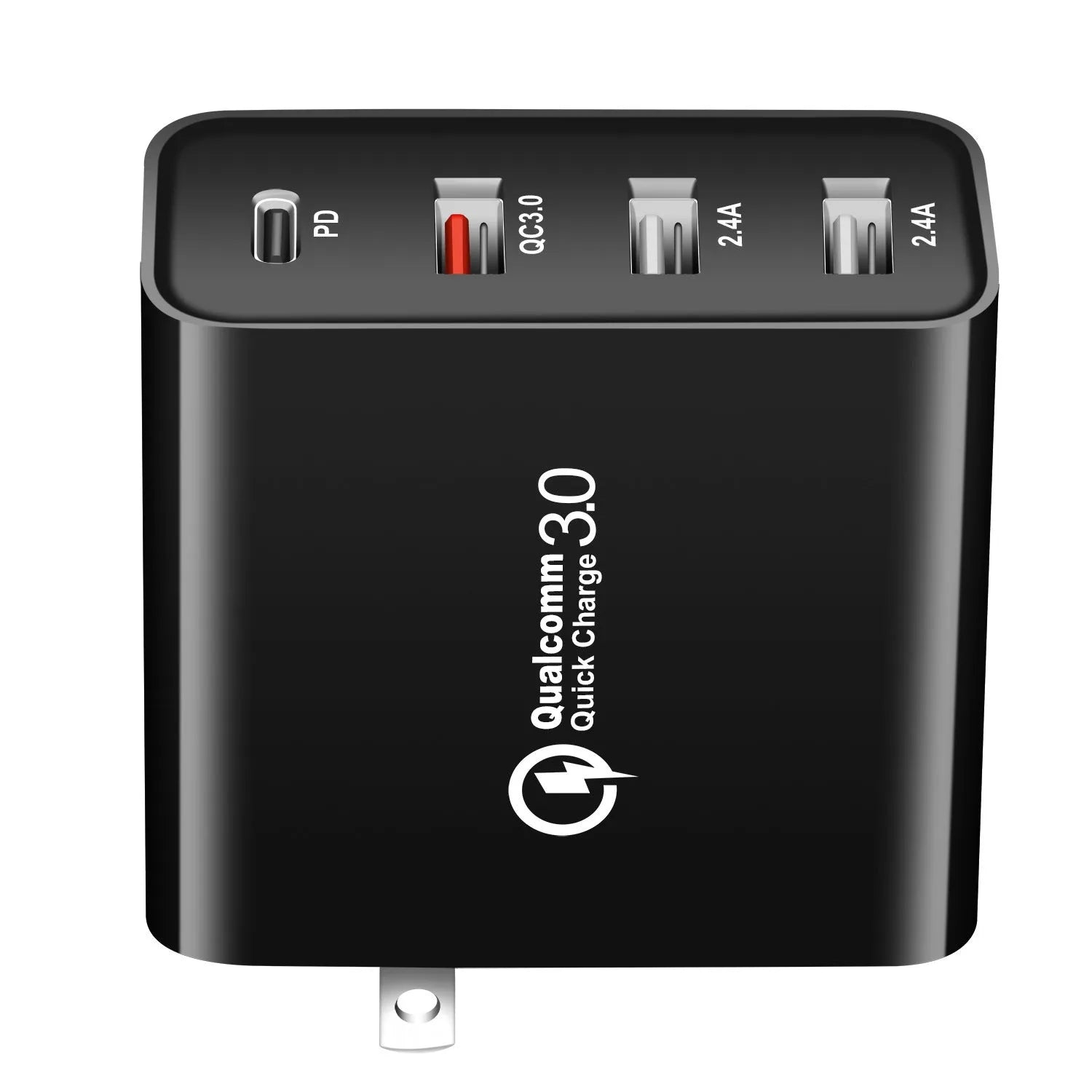 Black and white 48W four-port USB-C charger with UK, US, EU, and AU plug adapters
