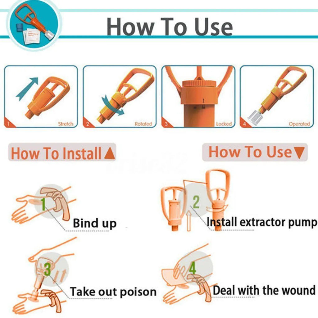 Orange venom extraction suction device with two cup sizes, tourniquet, and first aid swabs in storage box