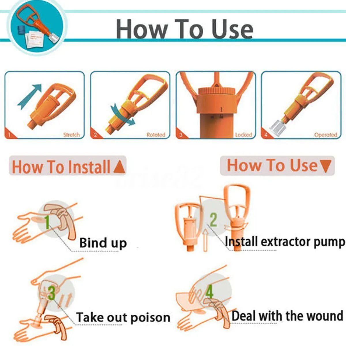 Orange venom extraction suction device with two cup sizes, tourniquet, and first aid swabs in storage box