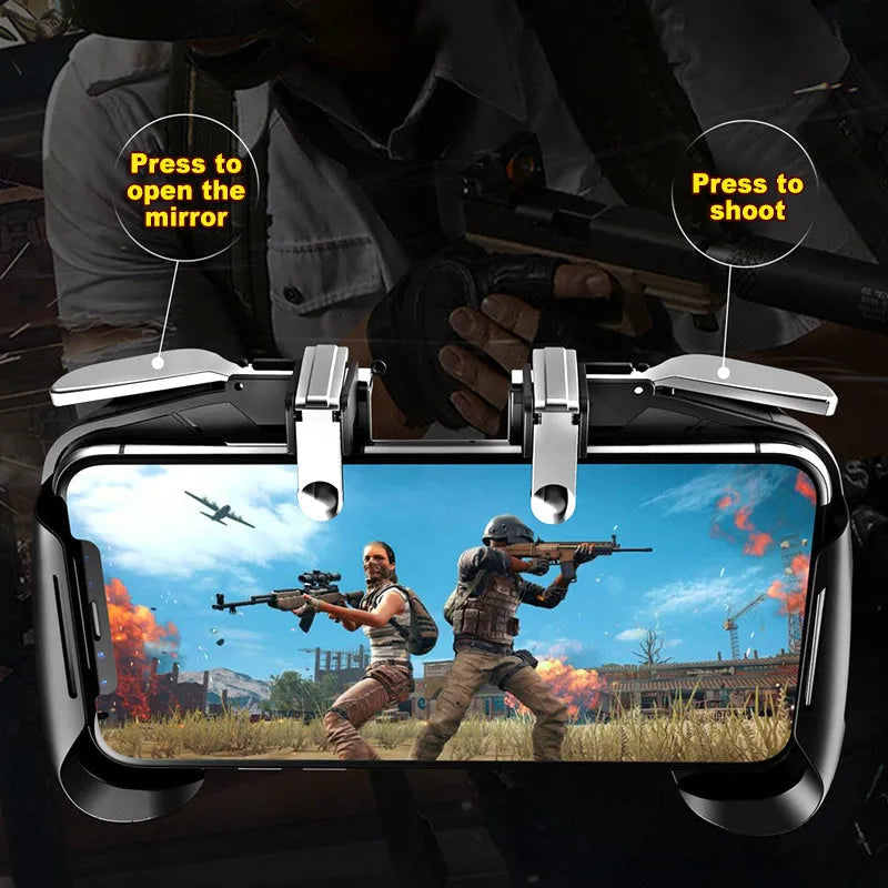 Telescopic mobile game controller handle extended with a smartphone clipped in the centre