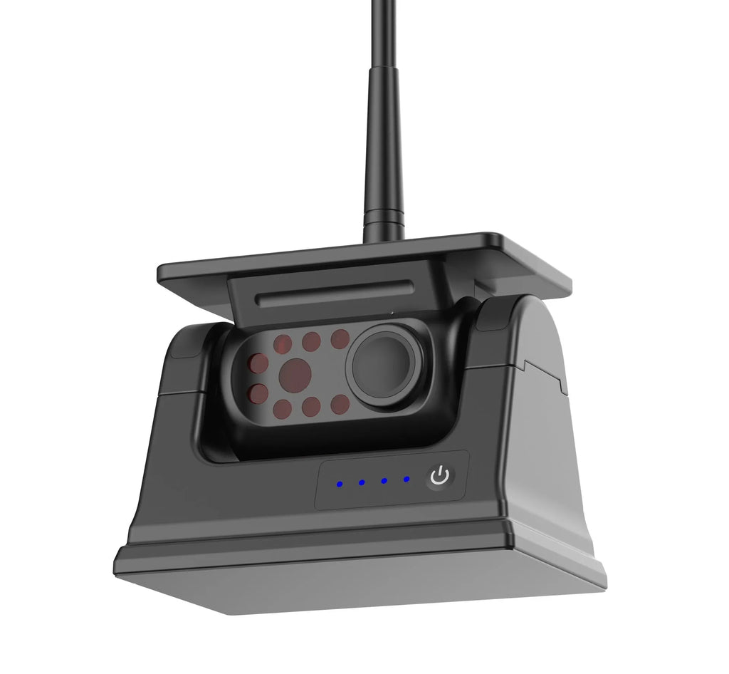 Solar-powered wireless reversing camera system with magnetic mount showing aluminium alloy construction