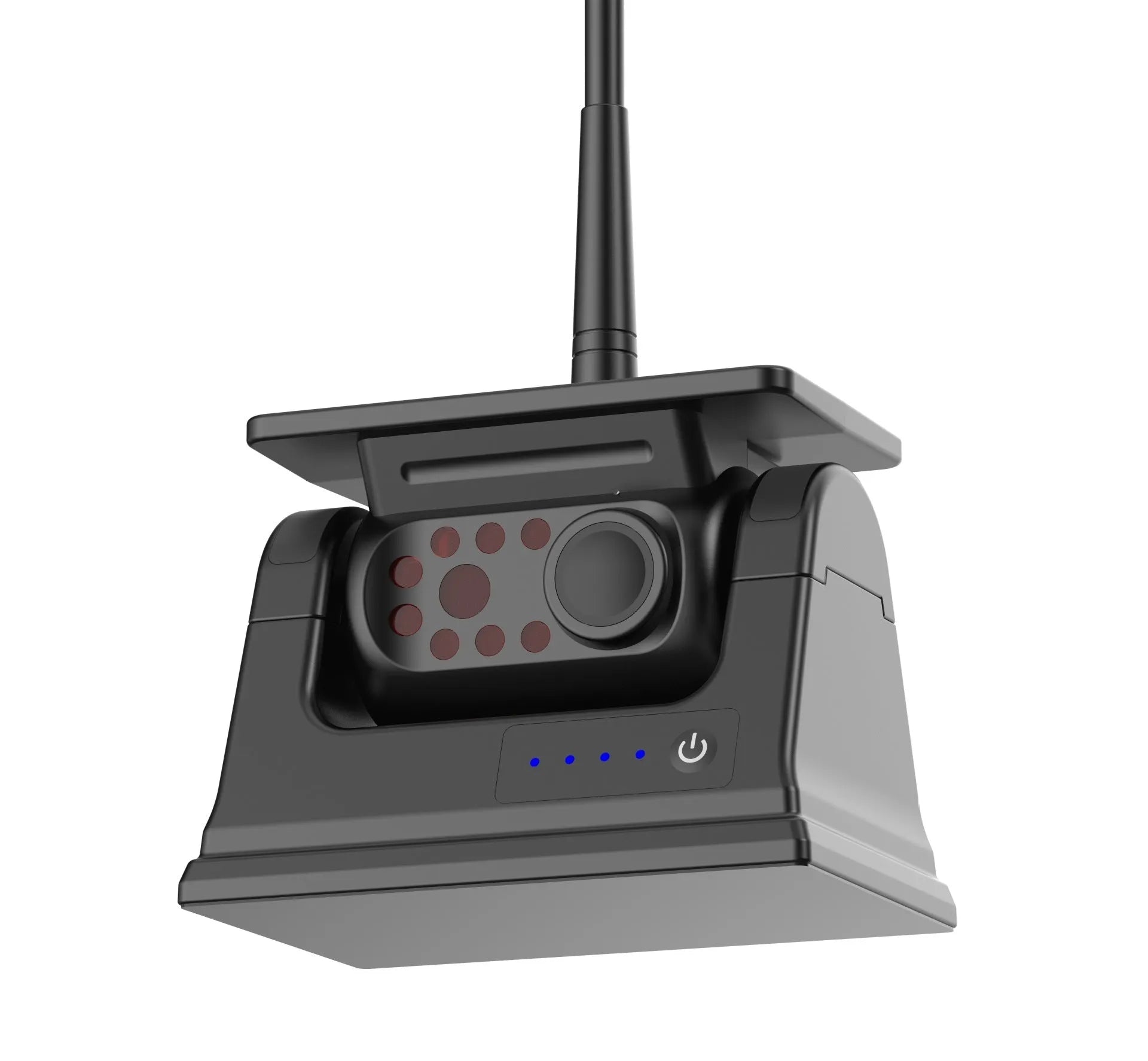 Solar-powered wireless reversing camera system with magnetic mount showing aluminium alloy construction