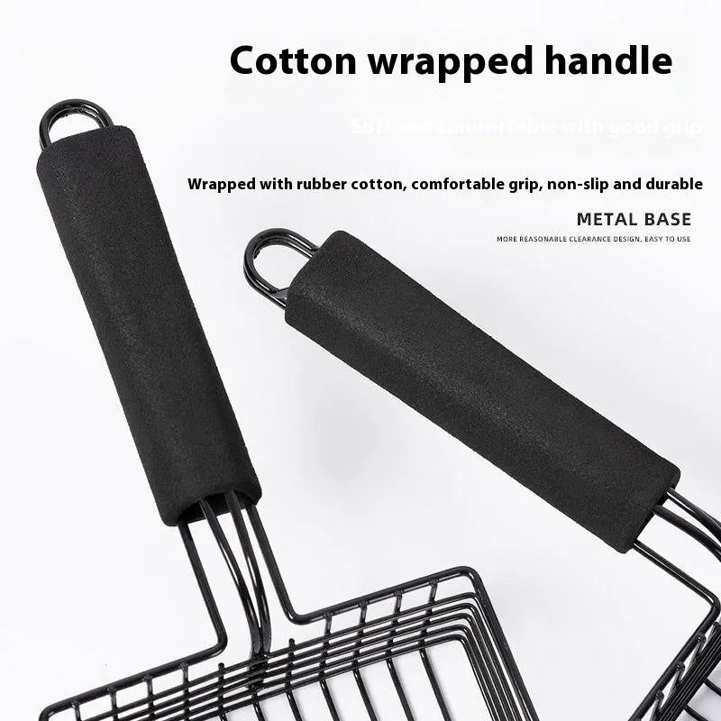 Black metal cat litter scoop with narrow tines for sifting waste from litter