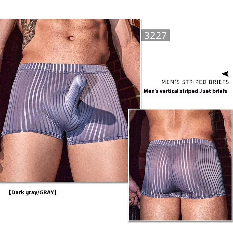 Men's striped nylon boxer briefs in black, white, and dark grey colours showing vertical pattern design