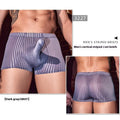 Men's striped nylon boxer briefs in black, white, and dark grey colours showing vertical pattern design