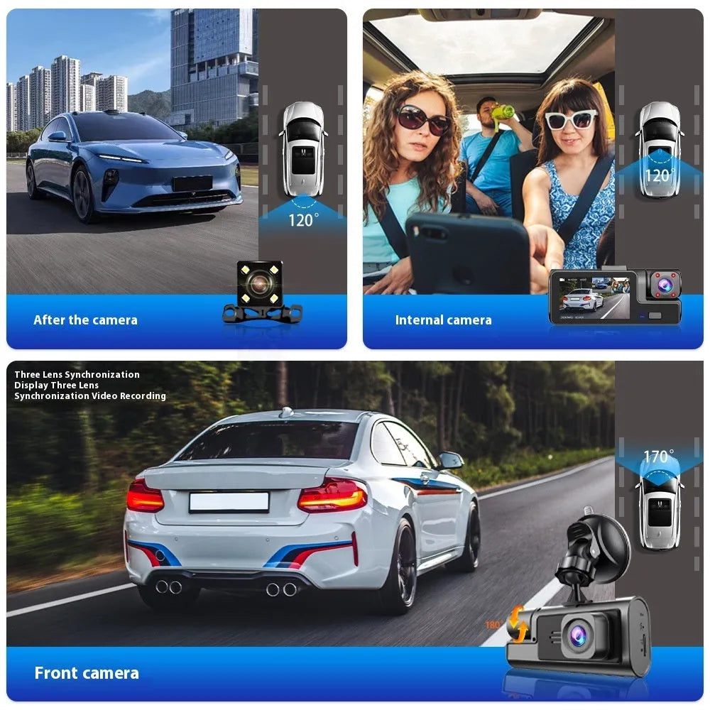 WiFi car driving recorder on a windscreen with a 2-inch screen showing a rearview camera image.