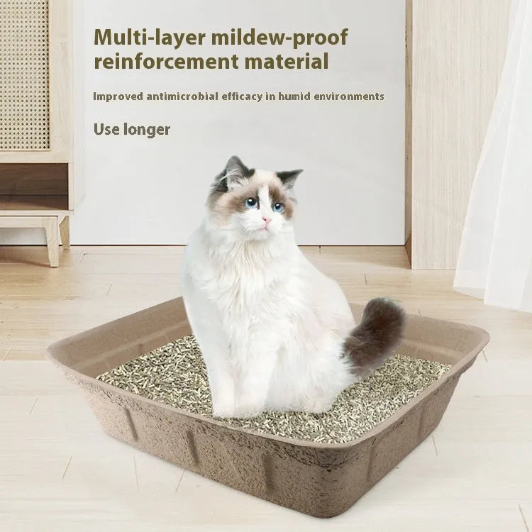 Brown biodegradable disposable cardboard litter box for cats and dogs with waterproof lining.