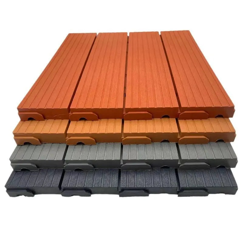 Set of ten wood grain style plastic floor tiles showing non-slip surface, dimensions 300x300 mm.