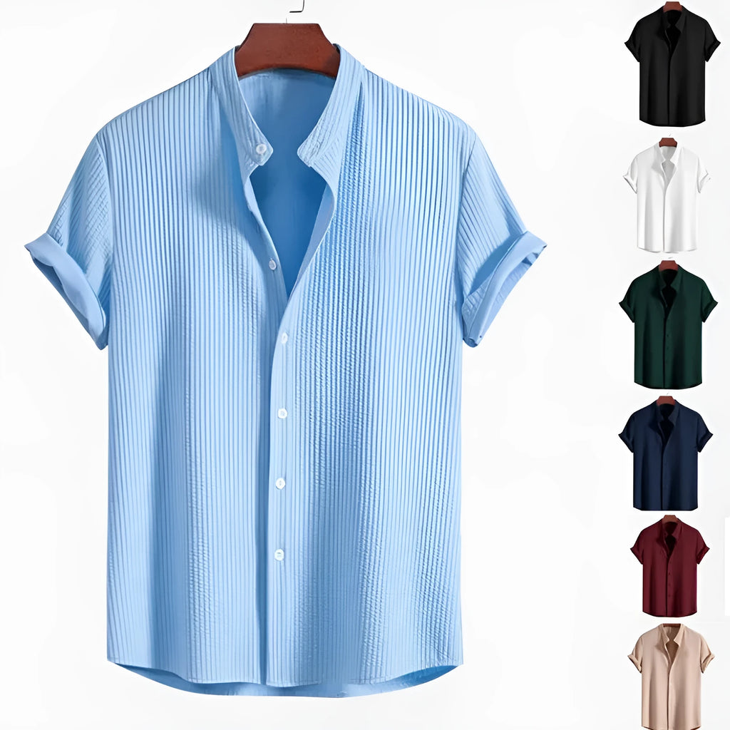 Men's loose short sleeve summer shirt in polyester fabric showing colour options