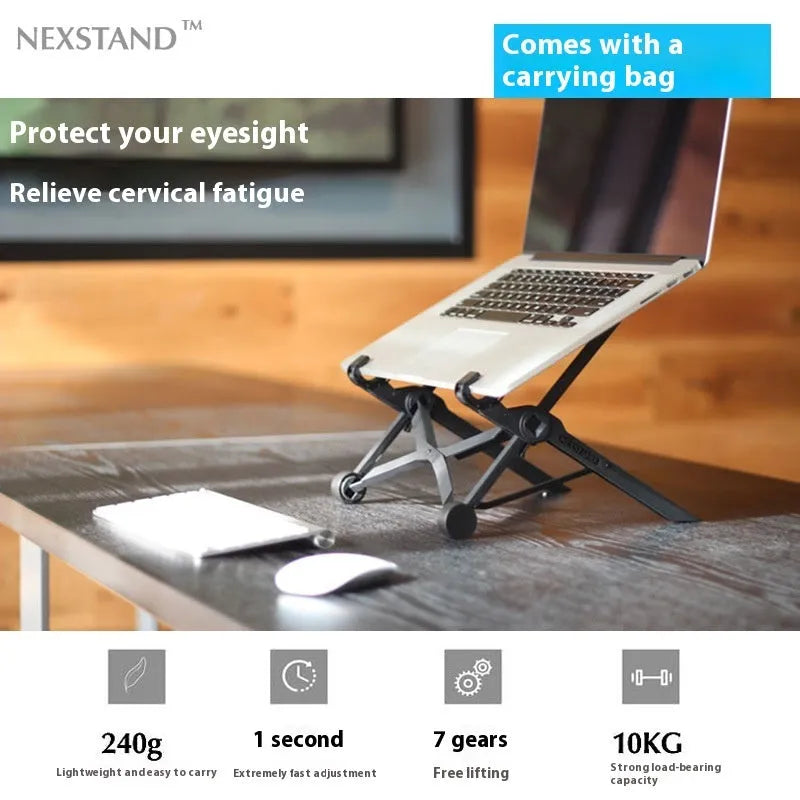 Sagacious black folding laptop stand with carrying case, shown open and closed