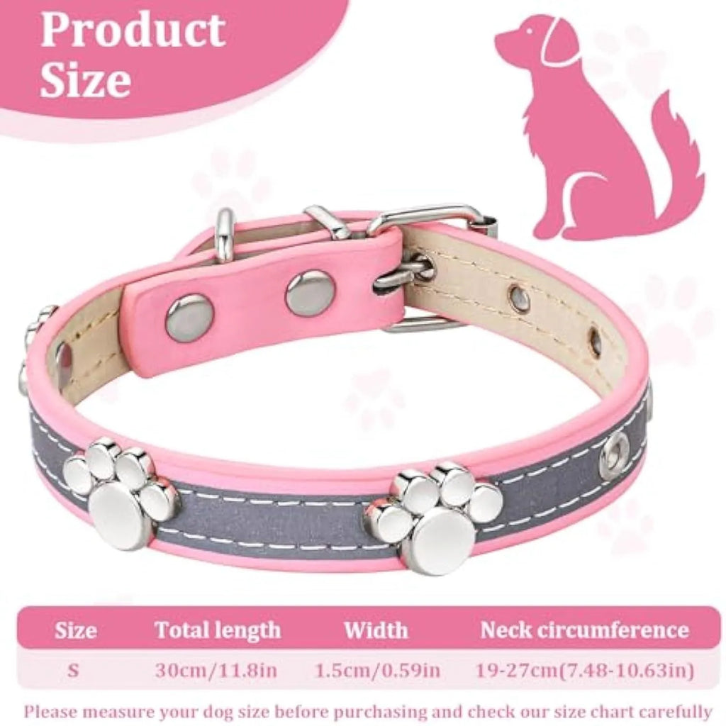 Reflective adjustable PU leather dog collar with metal buckle shown in multiple sizes.