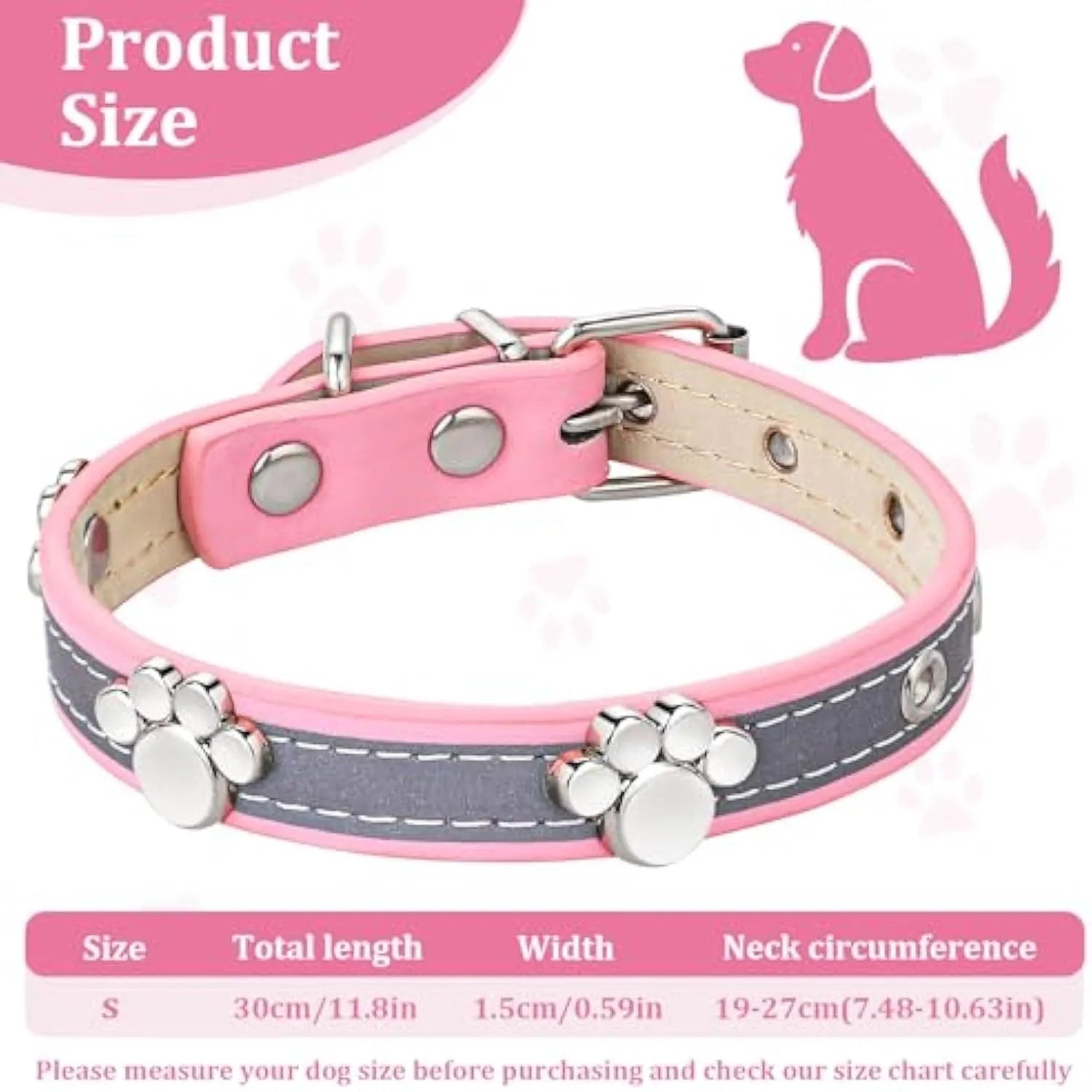 Reflective adjustable PU leather dog collar with metal buckle shown in multiple sizes.
