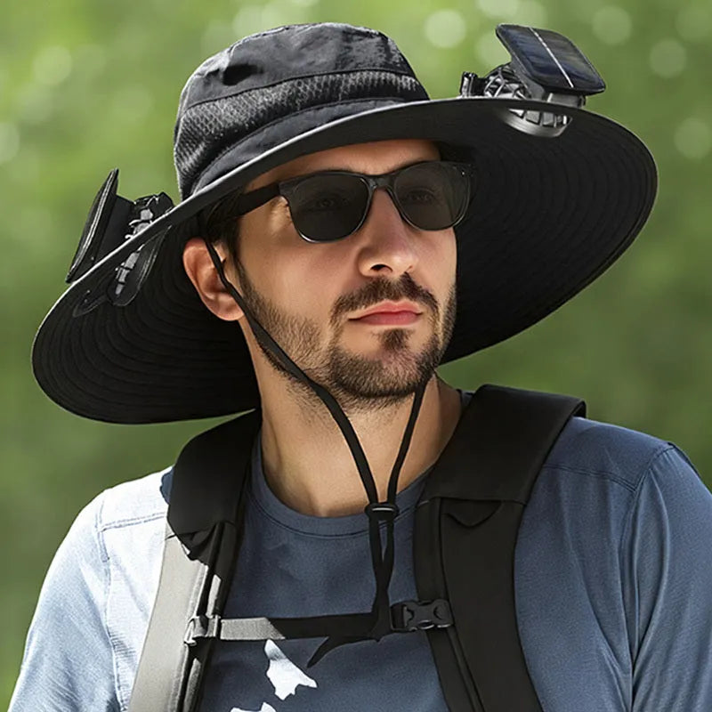 A beige solar-powered fan hat for men with a wide brim and a built-in fan on the front.