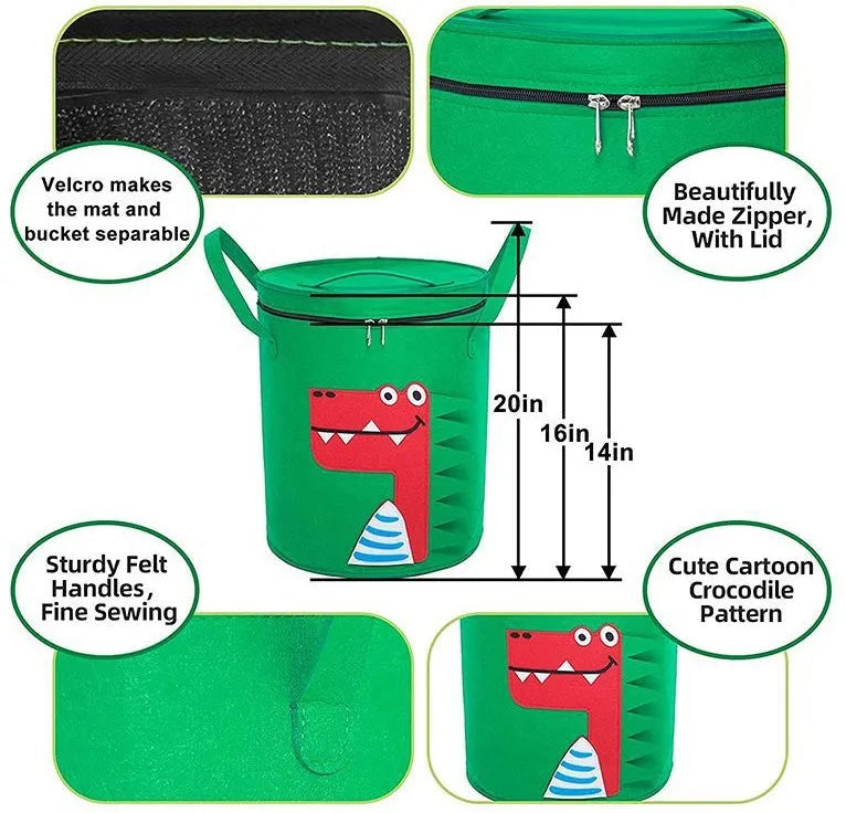 Green felt cube storage bag transformed into flat play mat with pull rope