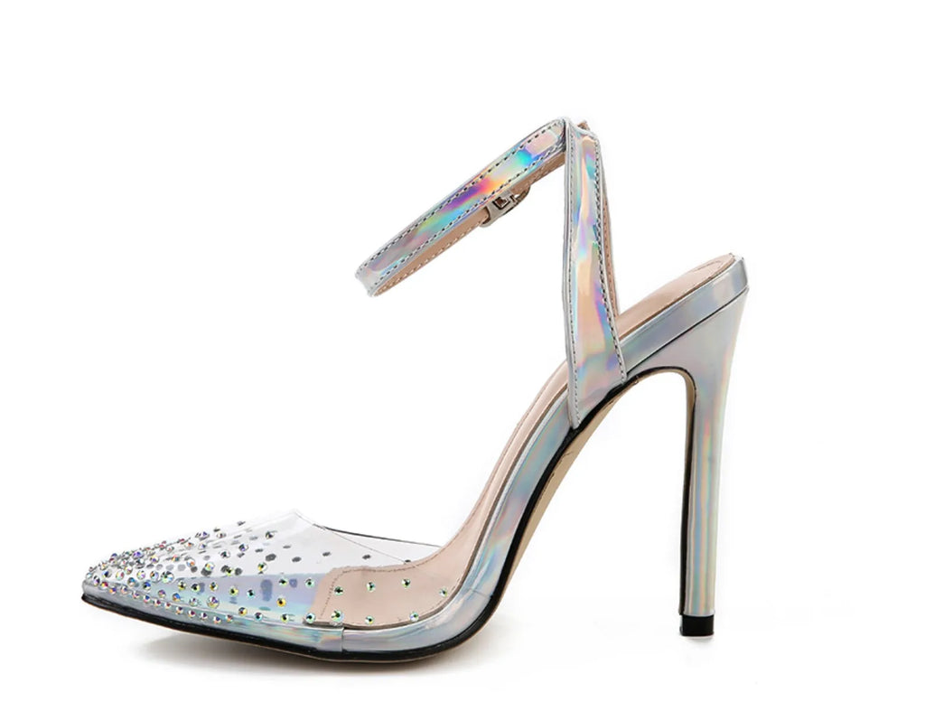 Women's pointed-toe stiletto sandals with a clear PVC upper.
