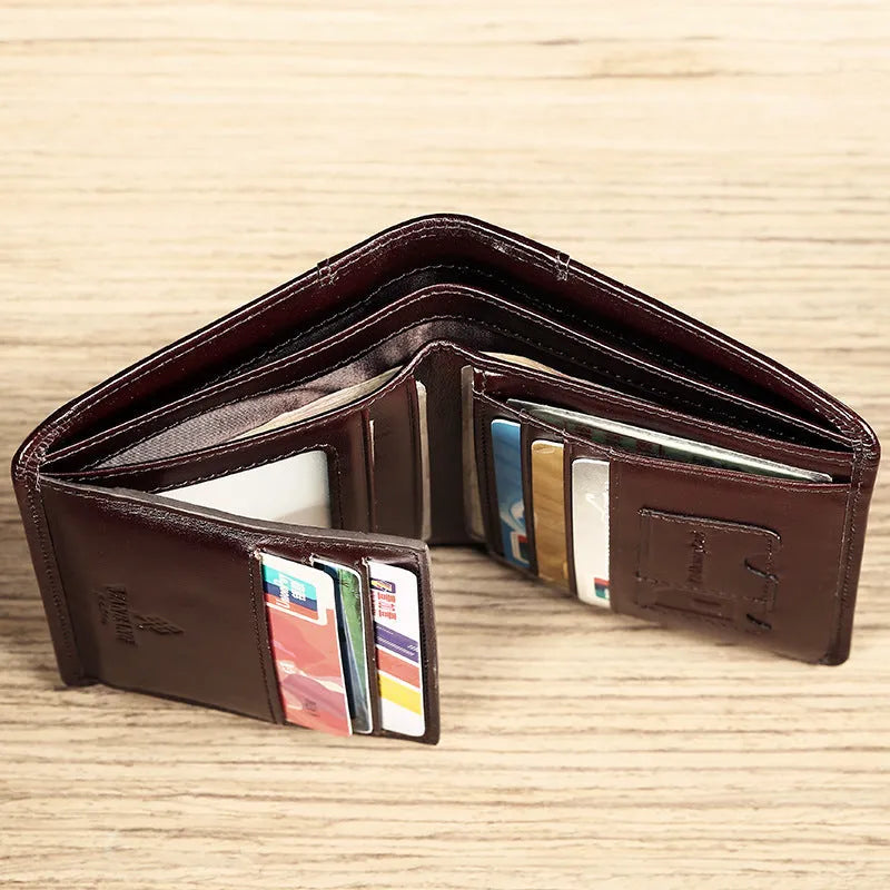 Men's black leather wallet open to show internal card slots, coin pocket, and document sleeve.