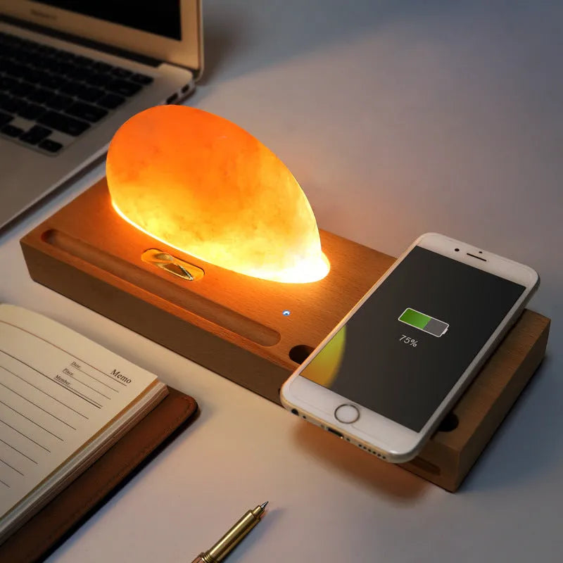 Sunrise Oriental wireless charging salt lamp with natural crystal shade on beech wood base