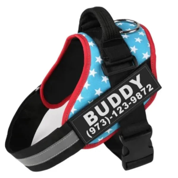 Adjustable no-pull dog harness vest with reflective strips and a chest strap, shown in various colours
