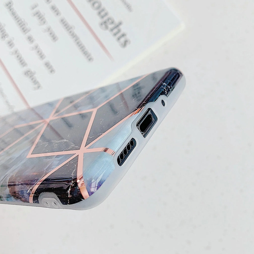 Electroplated marble design TPU mobile phone case for Huawei and Samsung smartphones in various colours.