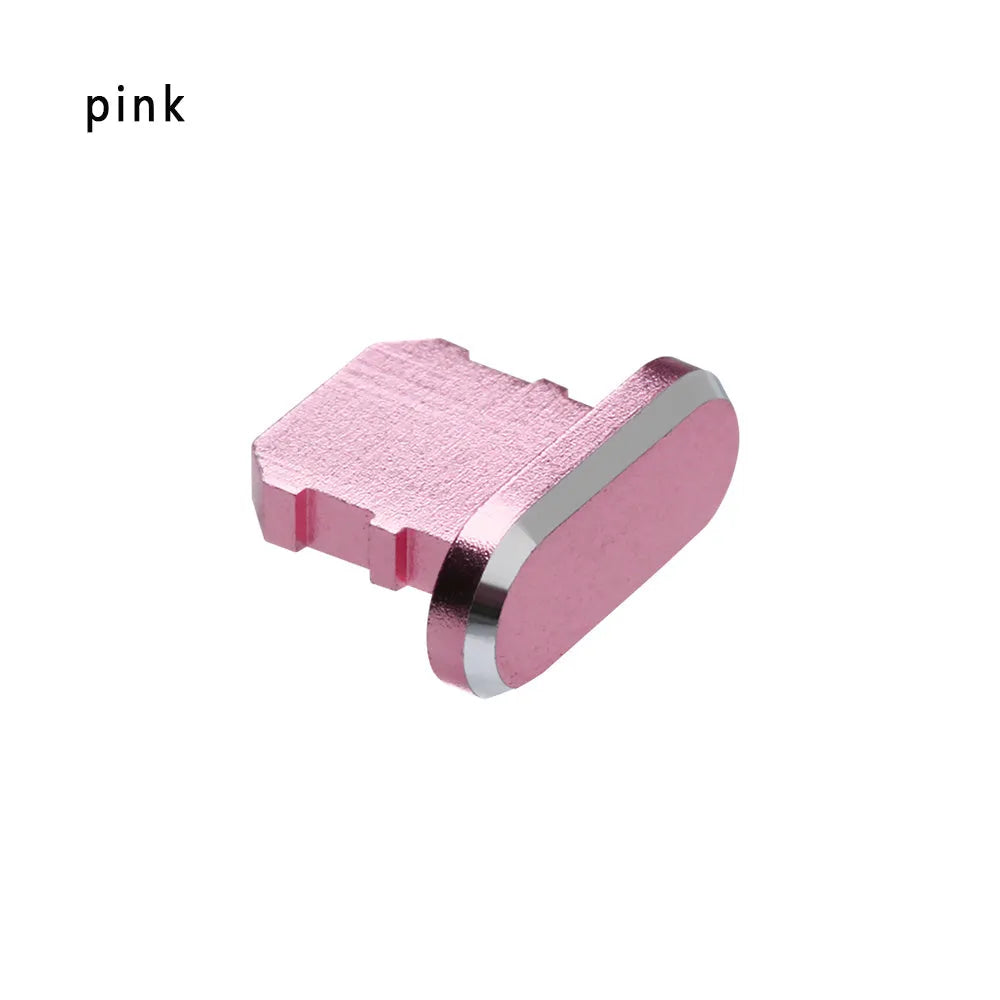 Aluminium alloy dust plug for iPhone charging port in various colours including gold, silver, and rose gold.