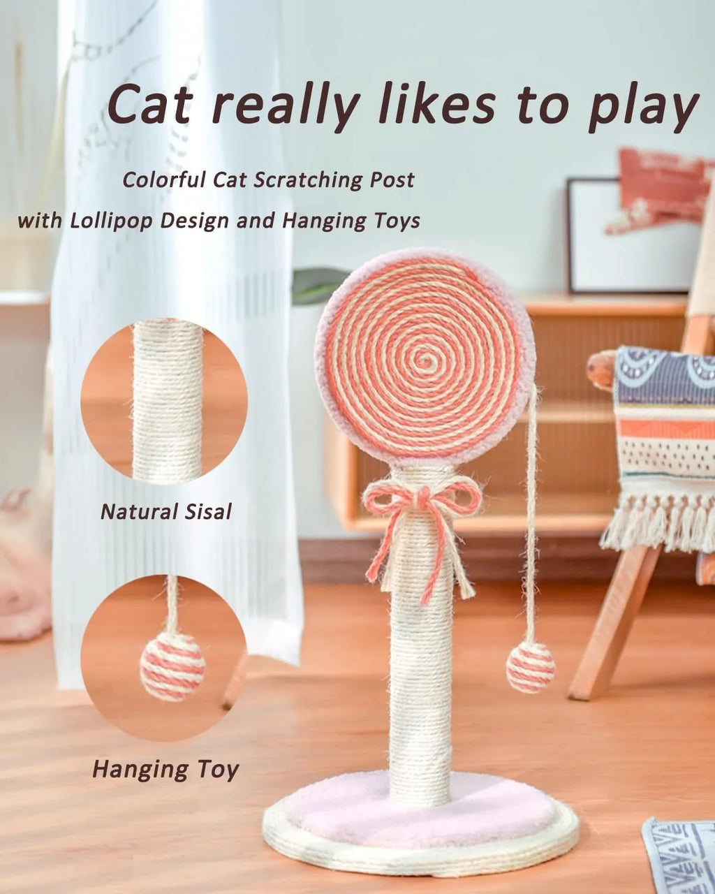 Blue cat scratching post with natural sisal rope and a hanging ball on a sturdy wooden base.
