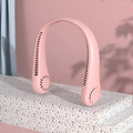Pink bladeless neck fan with soft neckband, showing USB charging port and control buttons.