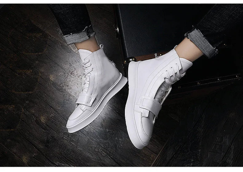 Black and white men's high-top ankle boots made from PU leather and microfiber for winter wear.