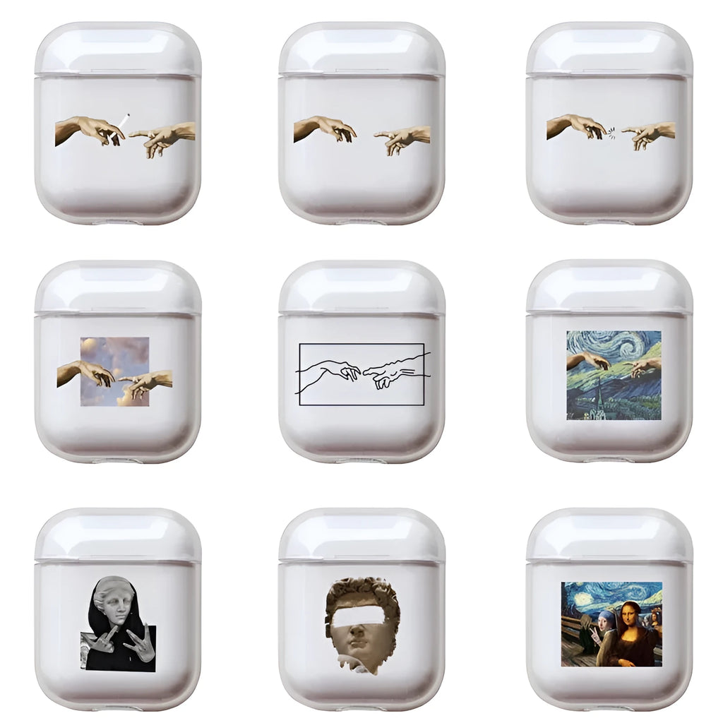 Transparent plastic AirPods protective cover showing Apple device inside with colour variation options